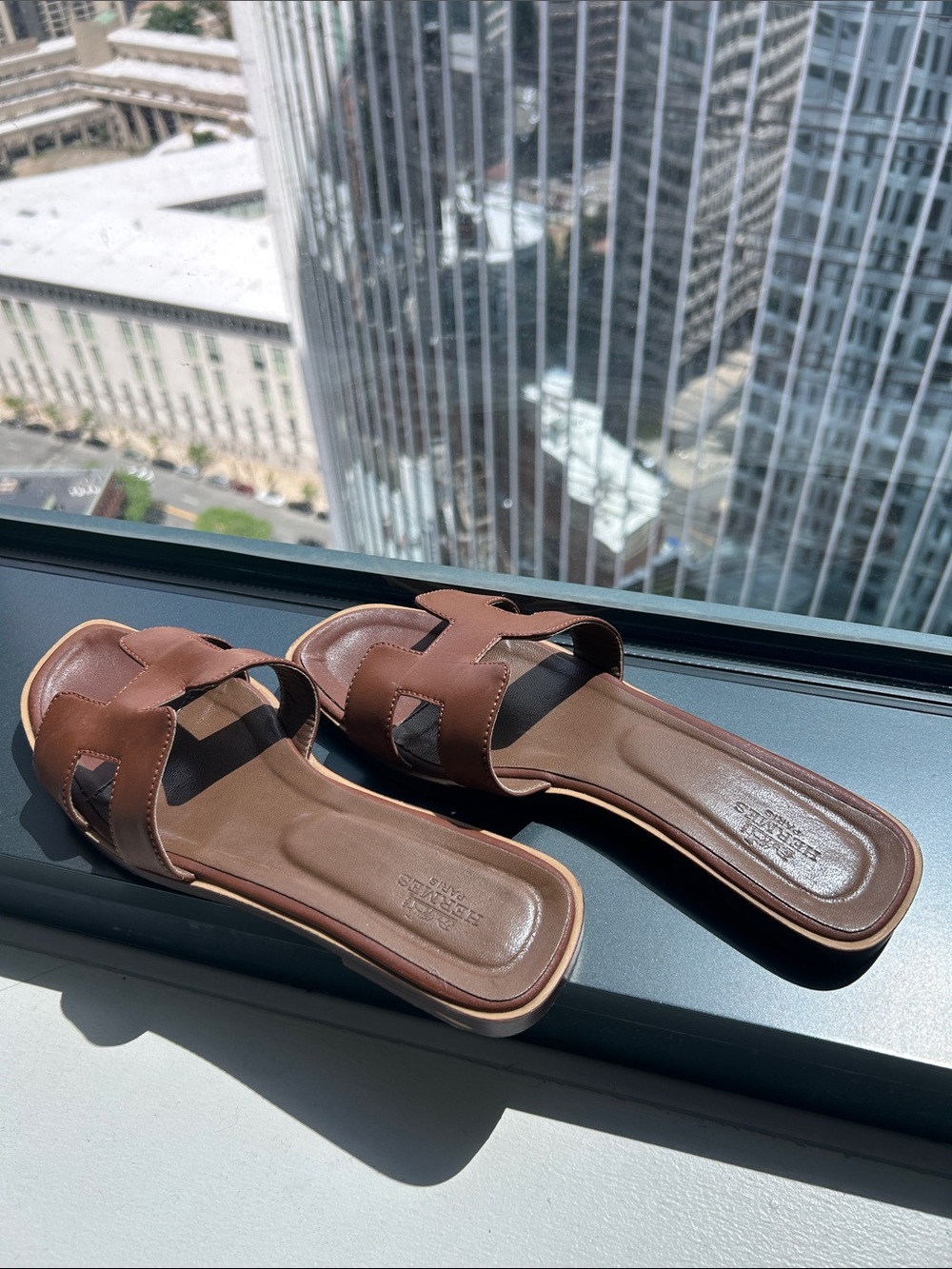 Tan Hermes-like leather slide sandals